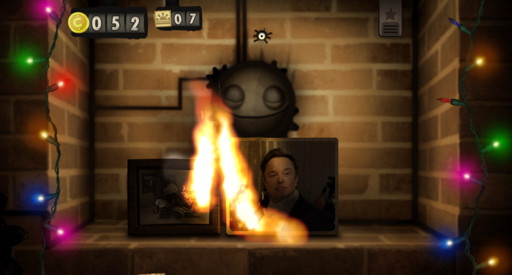 Video game screen grab of Little Inferno showing a brick hearth with a photo of Elon Musk on fire